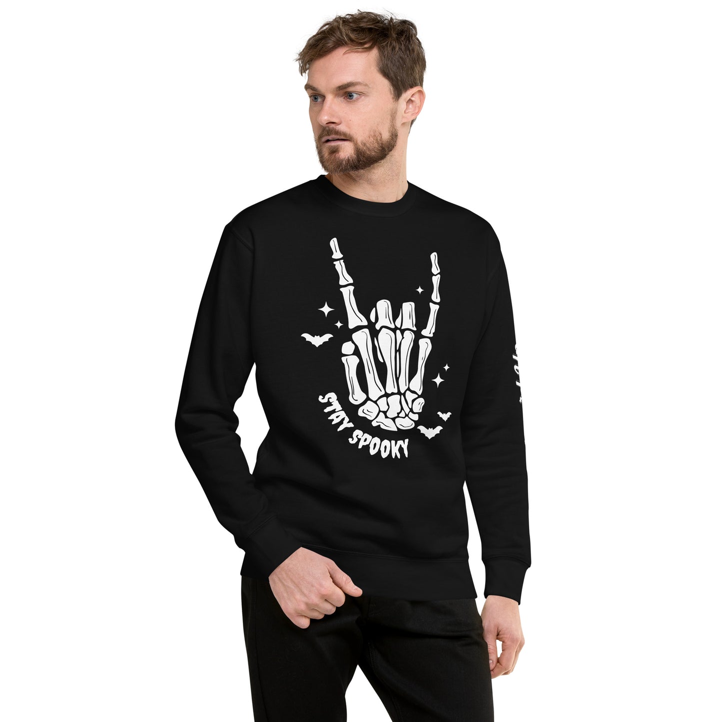 Amp'd Up Custom Stay Spooky Sweatshirt black with skeleton hand and bats design for Halloween
