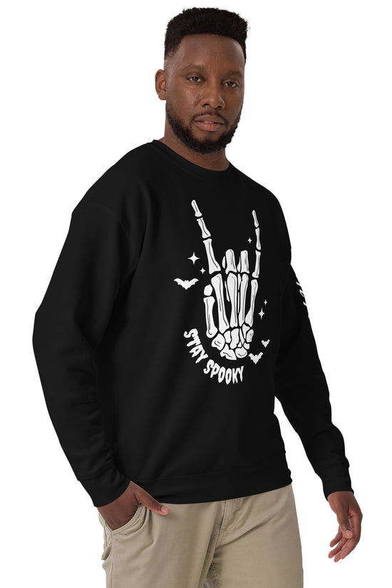 Amp'd Up Custom black Stay Spooky Sweatshirt with skeleton hand and bat design for Halloween