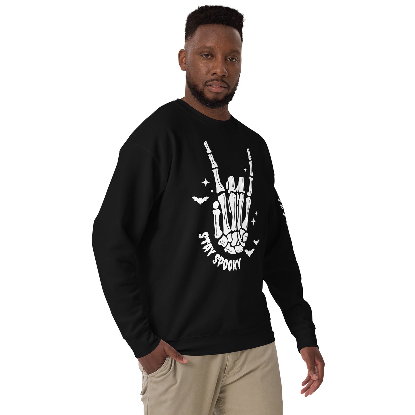 Amp'd Up Custom black Stay Spooky Sweatshirt with skeleton hand and bat design for Halloween