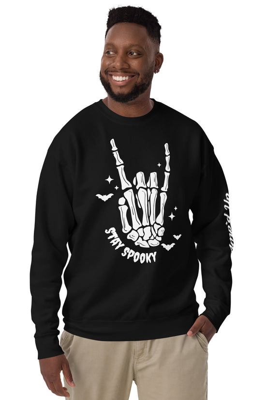 Amp'd Up Custom black Stay Spooky Sweatshirt with skeleton hand and bat design on front