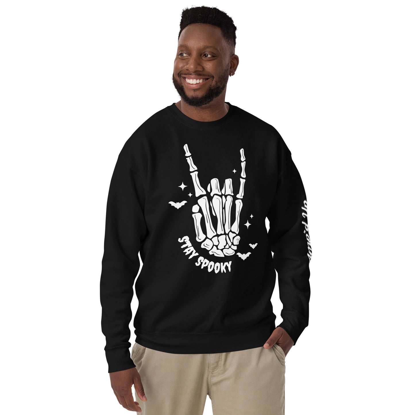 Amp'd Up Custom black Stay Spooky Sweatshirt with skeleton hand and bat design on front