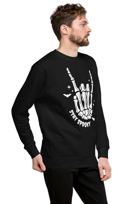 Black Stay Spooky Sweatshirt by Amp'd Up Custom featuring skeleton hand and bat design