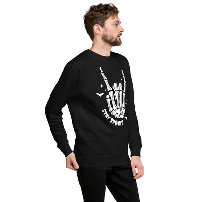 Black Stay Spooky Sweatshirt by Amp'd Up Custom featuring skeleton hand and bat design