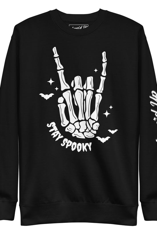 Amp'd Up Custom black Stay Spooky Sweatshirt with skeleton hand and bat design