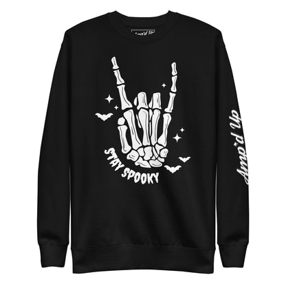 Amp'd Up Custom black Stay Spooky Sweatshirt with skeleton hand and bat design