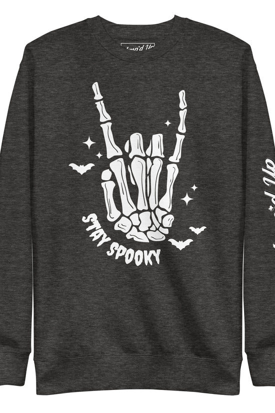 Amp'd Up Custom Stay Spooky Sweatshirt with skeleton hand and bat design in dark gray