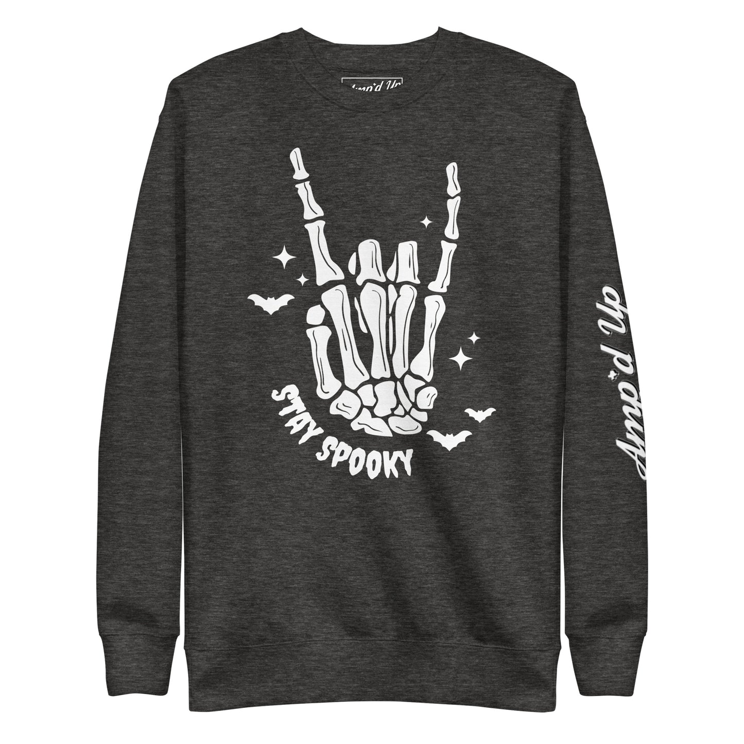 Amp'd Up Custom Stay Spooky Sweatshirt with skeleton hand and bat design in dark gray