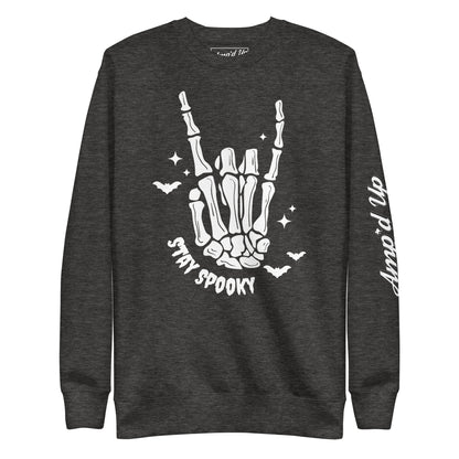Amp'd Up Custom Stay Spooky Sweatshirt with skeleton hand and bat design in dark gray