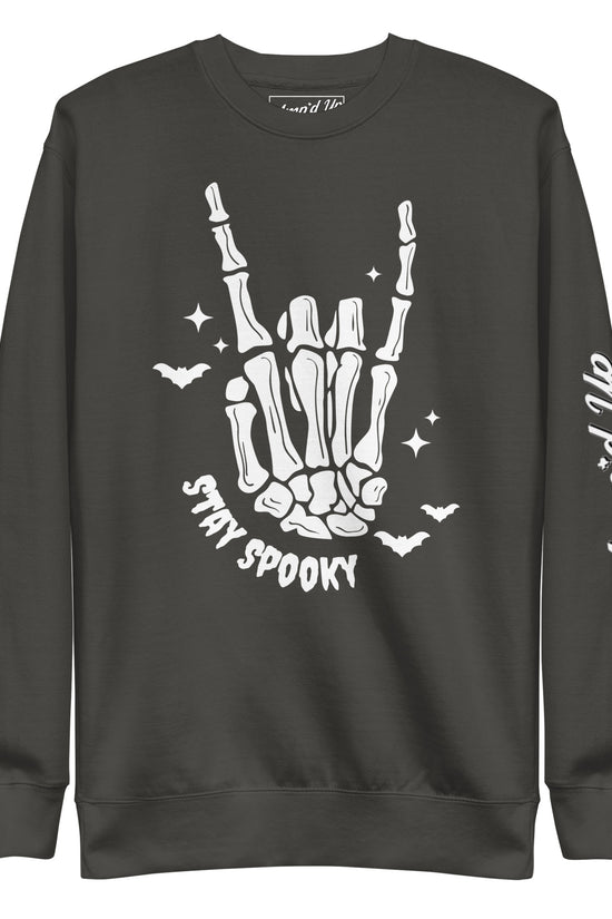Amp'd Up Custom Stay Spooky Sweatshirt with skeleton hand and bat design on black fabric