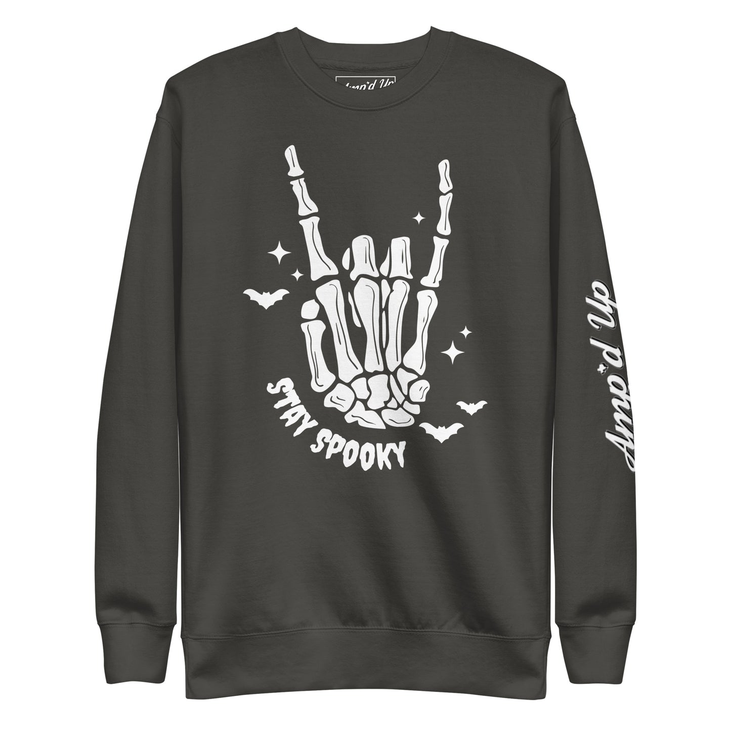 Amp'd Up Custom Stay Spooky Sweatshirt with skeleton hand and bat design on black fabric