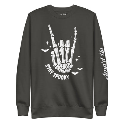 Amp'd Up Custom Stay Spooky Sweatshirt with skeleton hand and bat design on black fabric