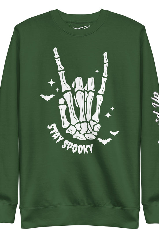 Amp'd Up Custom Stay Spooky Sweatshirt in green with skeleton hand and bats graphic design