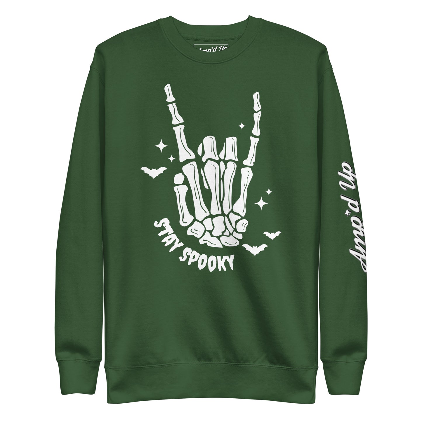 Amp'd Up Custom Stay Spooky Sweatshirt in green with skeleton hand and bats graphic design