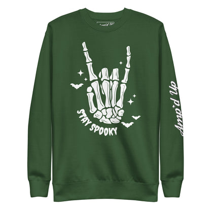 Amp'd Up Custom Stay Spooky Sweatshirt in green with skeleton hand and bats graphic design