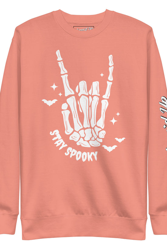 Amp'd Up Custom Stay Spooky Sweatshirt in coral with white skeleton hand and bats design