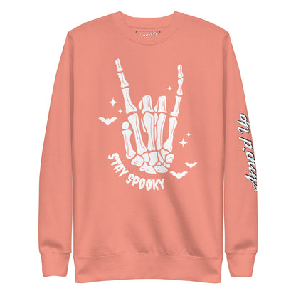 Amp'd Up Custom Stay Spooky Sweatshirt in coral with white skeleton hand and bats design