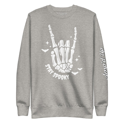 Gray Amp'd Up Custom Stay Spooky Sweatshirt with skeleton hand and bat design