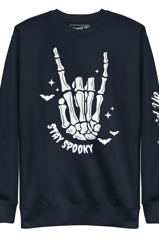 Amp'd Up Custom Stay Spooky Sweatshirt with skeleton hand and bats design in black