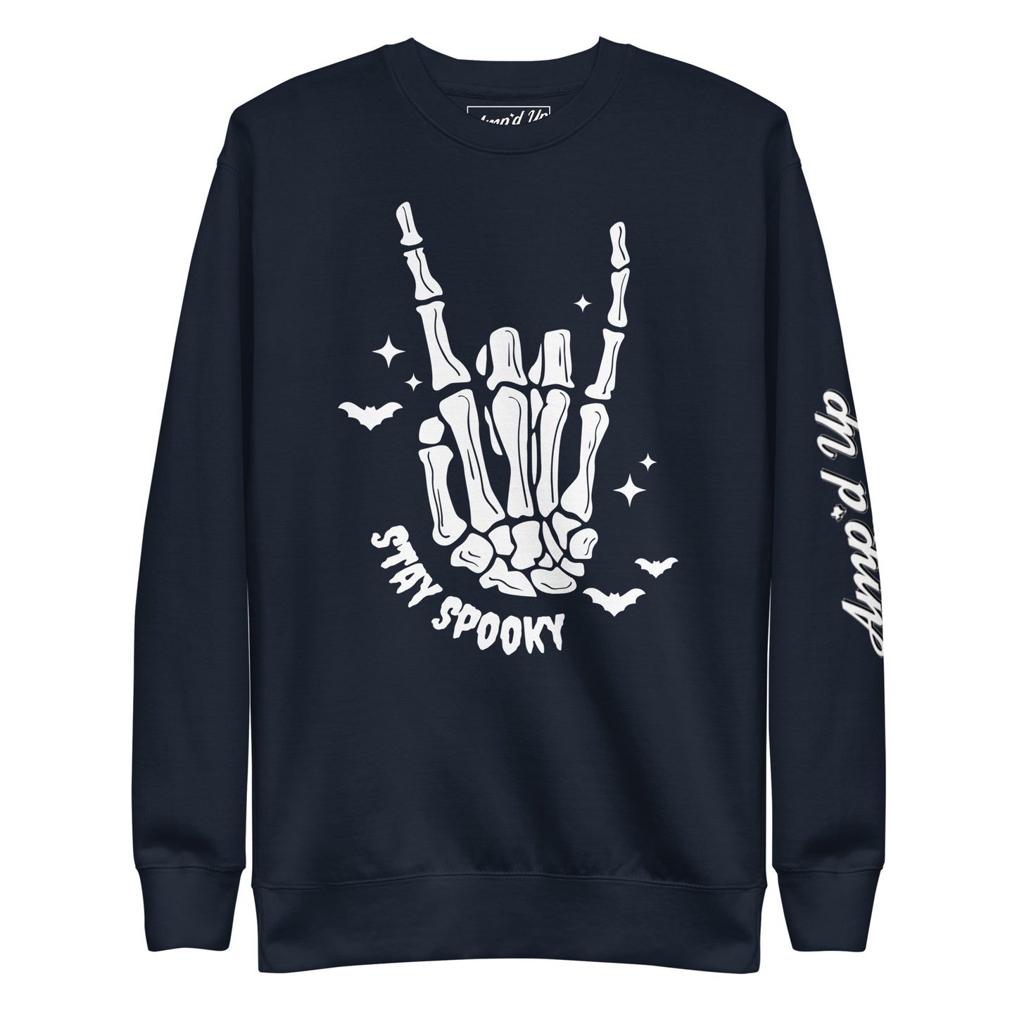 Amp'd Up Custom Stay Spooky Sweatshirt with skeleton hand and bats design in black