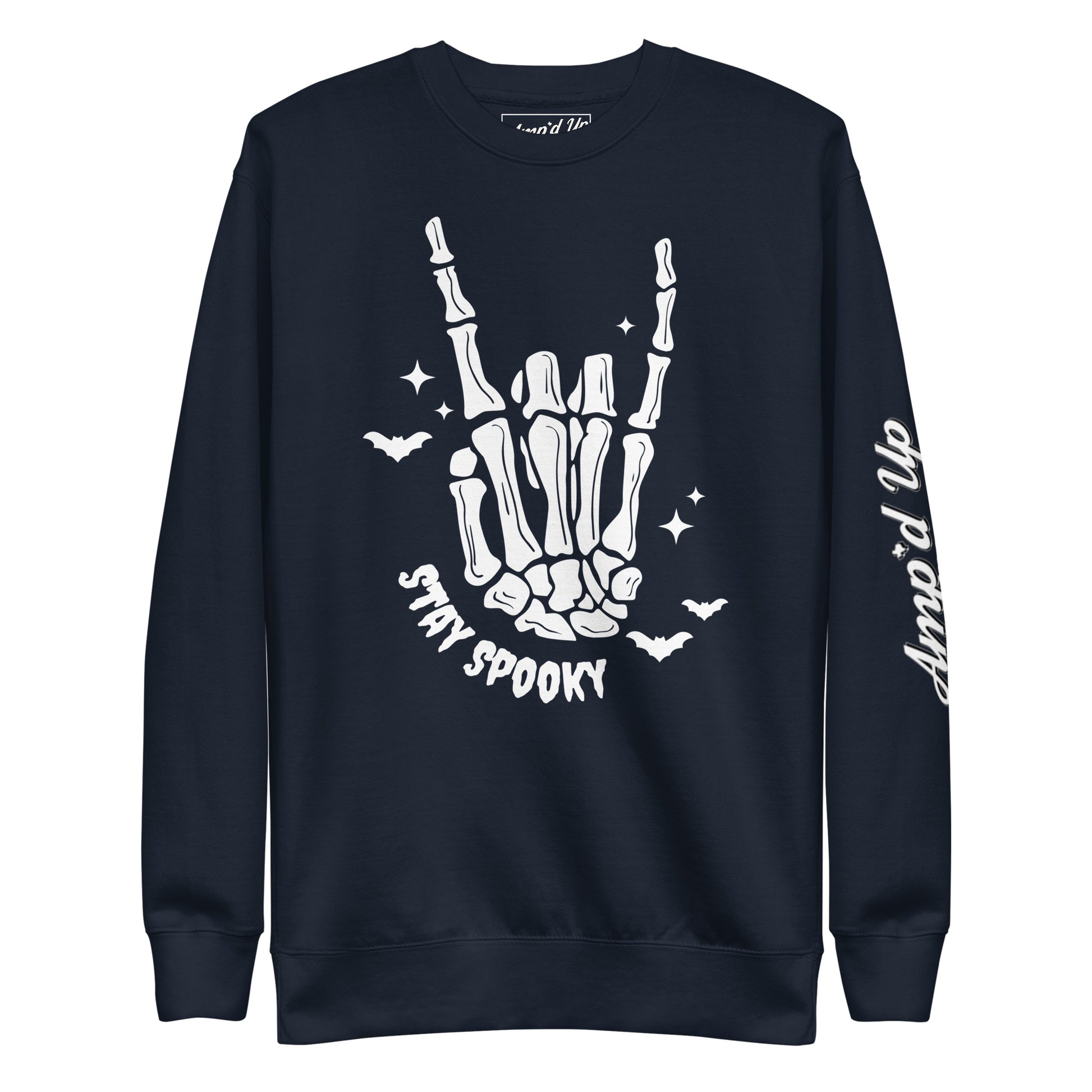 Amp'd Up Custom Stay Spooky Sweatshirt with skeleton hand and bats design in black