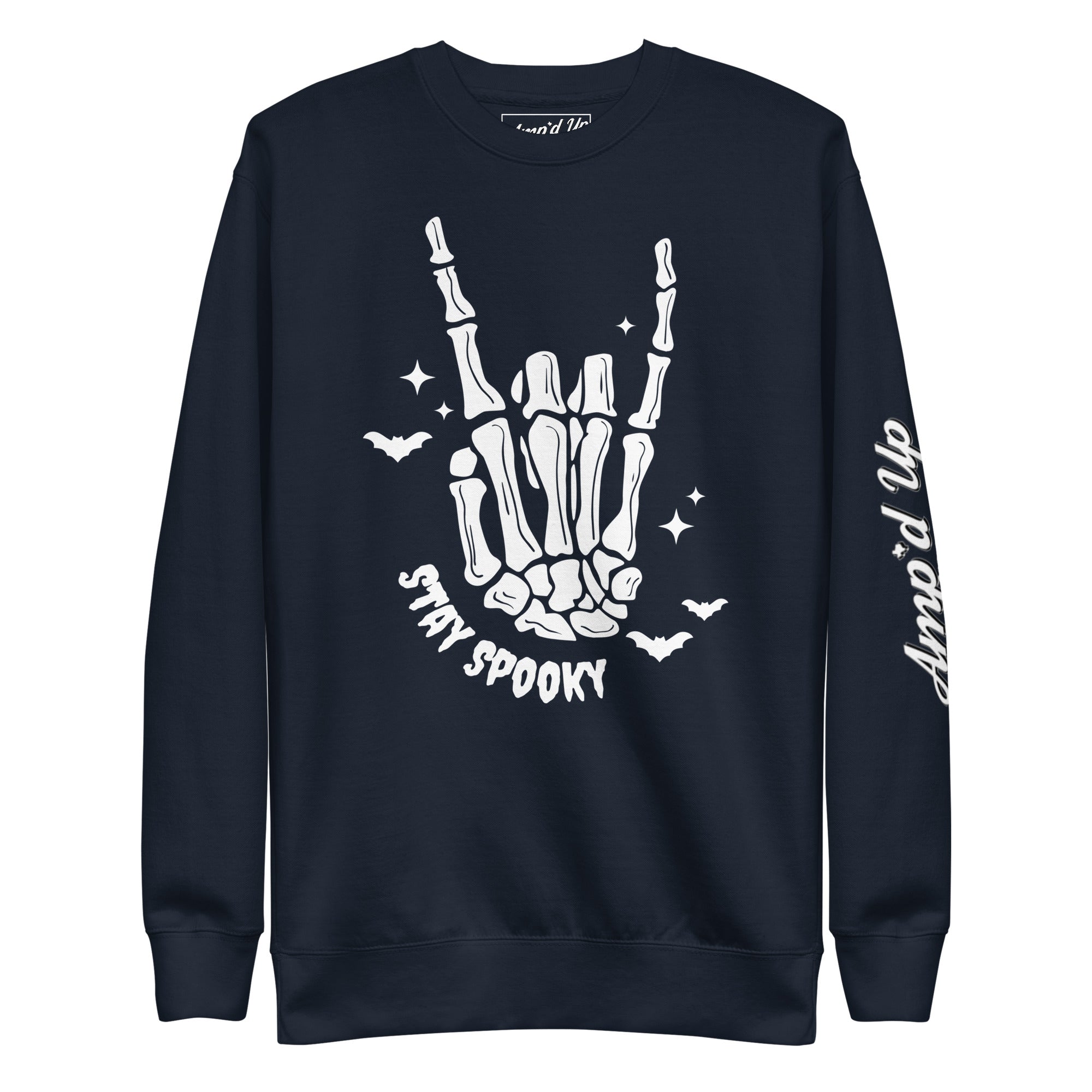 Amp'd Up Custom Stay Spooky Sweatshirt with skeleton hand and bats design in black