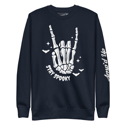 Amp'd Up Custom Stay Spooky Sweatshirt with skeleton hand and bats design in black