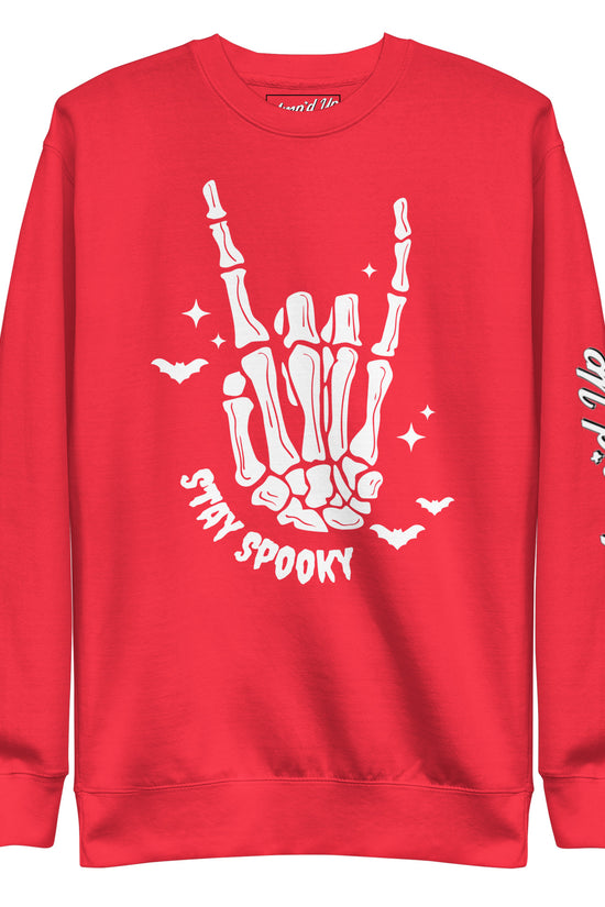 Red Stay Spooky Sweatshirt by Amp'd Up Custom featuring skeleton hand and bats graphic