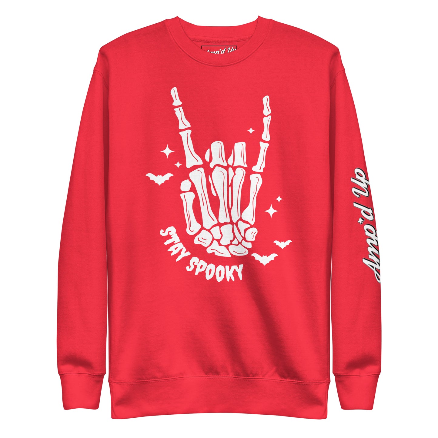Red Stay Spooky Sweatshirt by Amp'd Up Custom featuring skeleton hand and bats graphic
