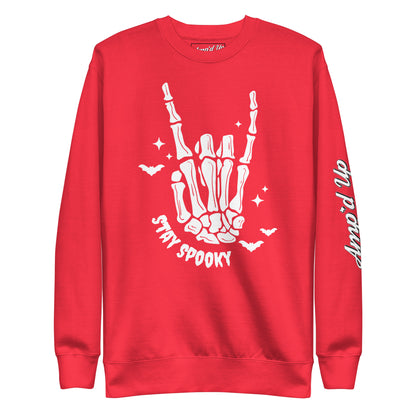 Red Stay Spooky Sweatshirt by Amp'd Up Custom featuring skeleton hand and bats graphic