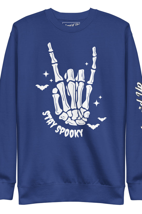 Amp'd Up Custom Stay Spooky Sweatshirt in navy with skeleton hand and bats graphic