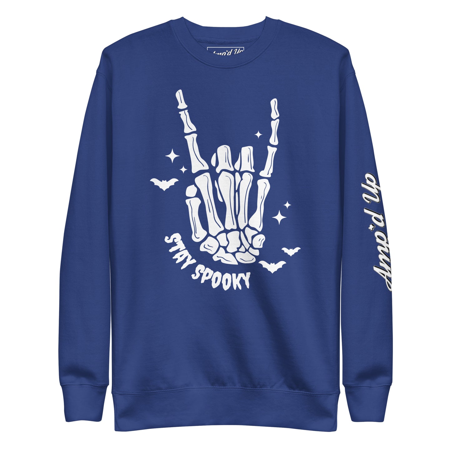 Amp'd Up Custom Stay Spooky Sweatshirt in navy with skeleton hand and bats graphic