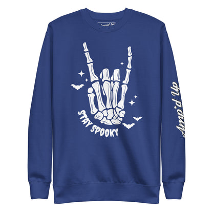 Amp'd Up Custom Stay Spooky Sweatshirt in navy with skeleton hand and bats graphic
