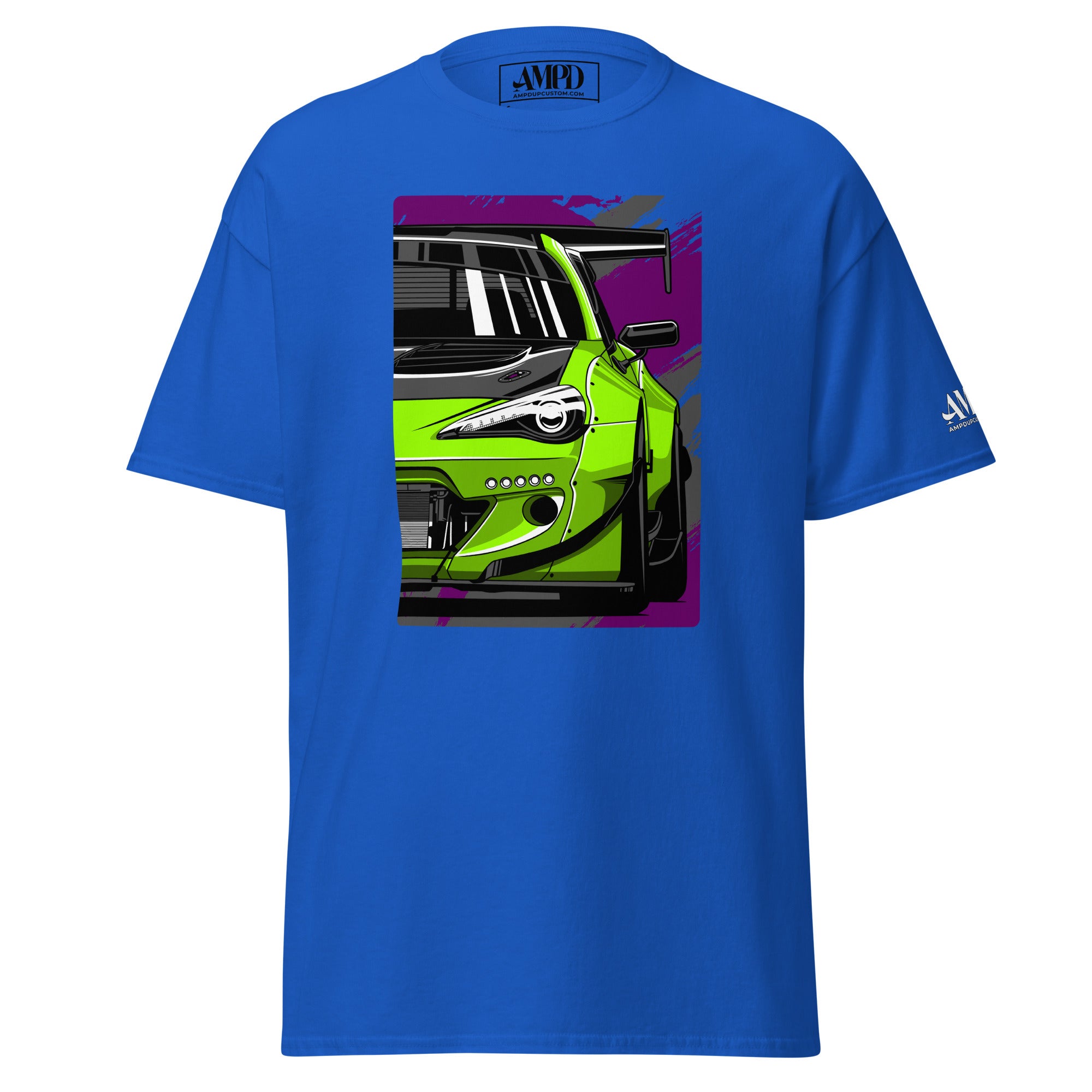 Subaru BRZ Graphic T-Shirt | AMPD in vibrant blue featuring a green car design