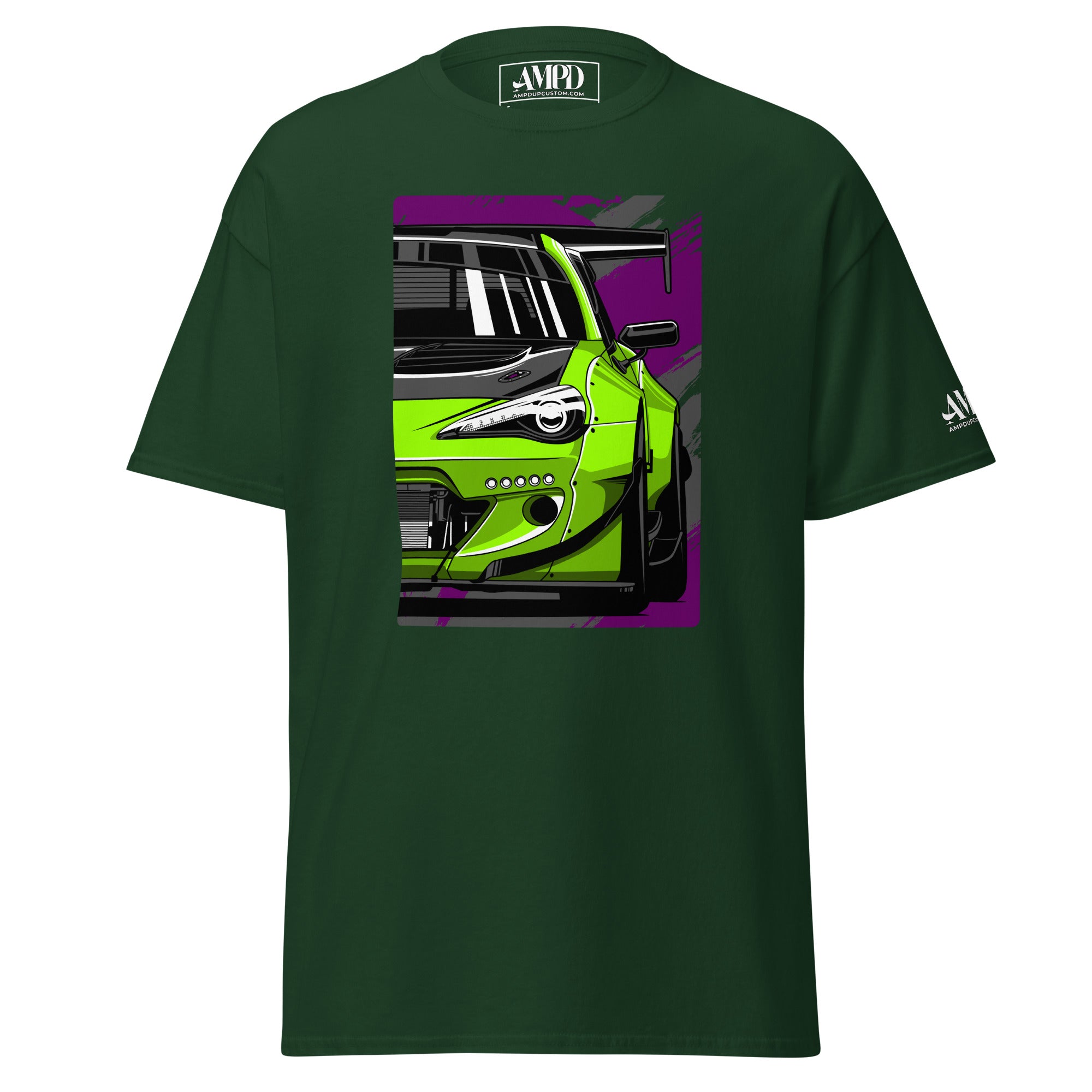 Subaru BRZ Graphic T-Shirt | AMPD in dark green featuring a vibrant car design