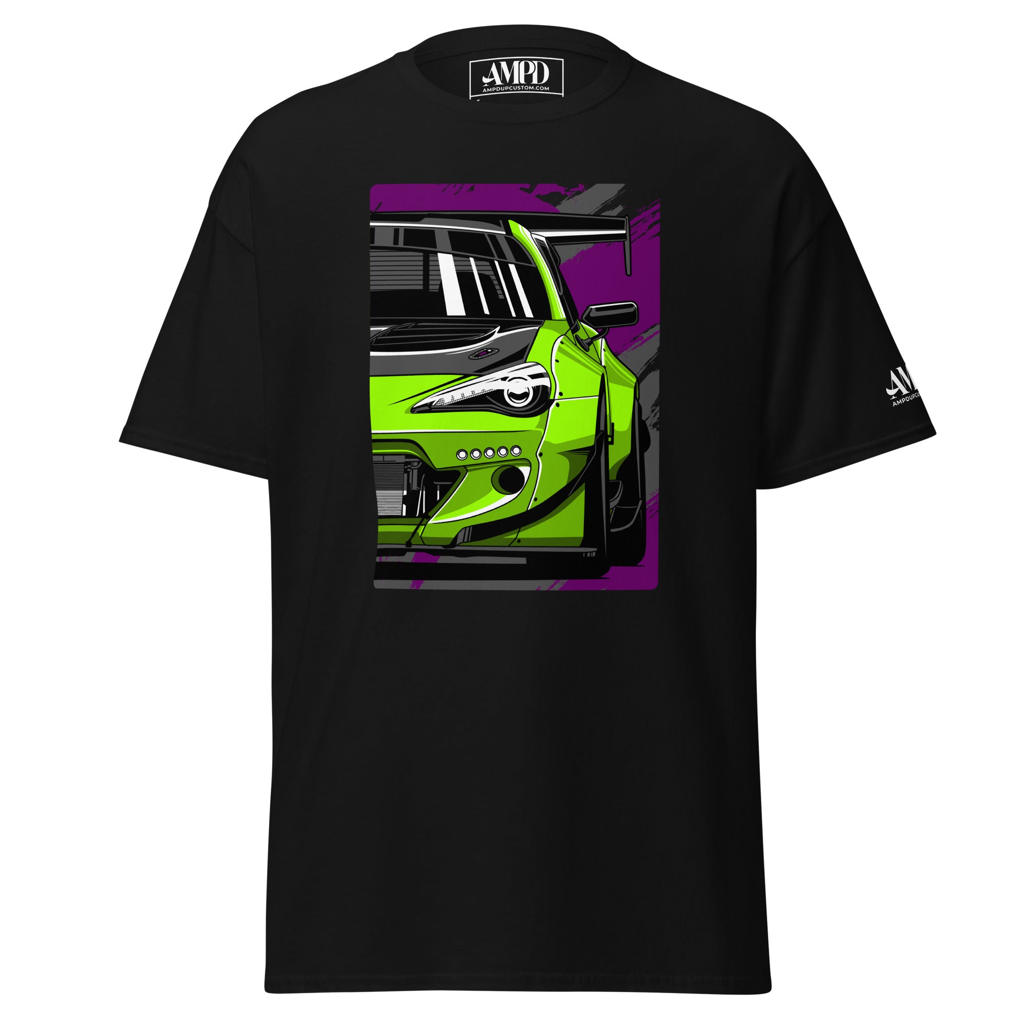 Subaru BRZ Graphic T-Shirt | AMPD featuring a vibrant green car design on a black background