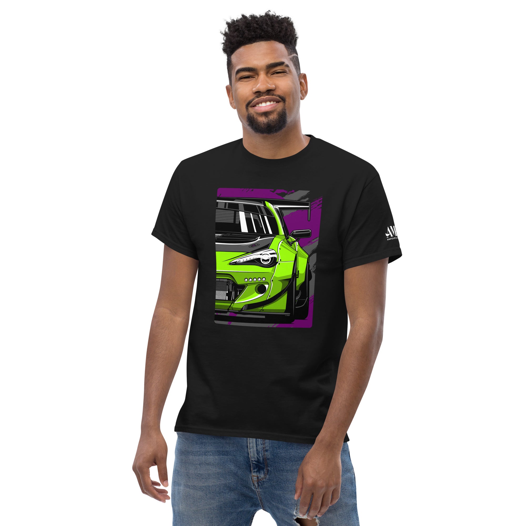 Subaru BRZ Graphic T-Shirt | AMPD featuring a bold green car design on a black shirt