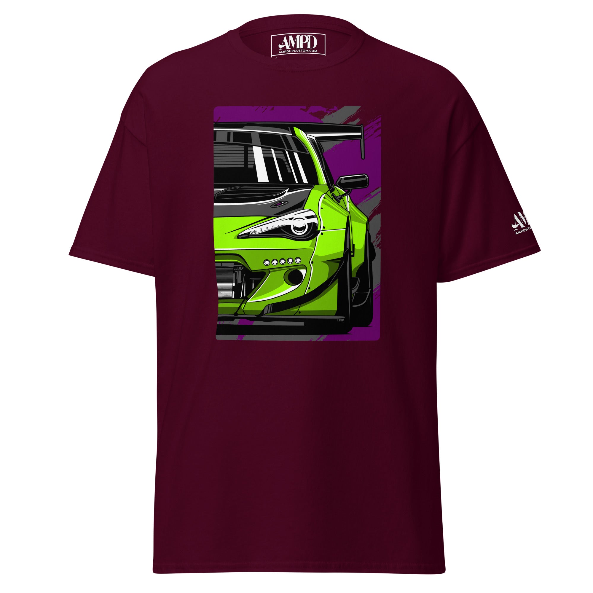 Maroon Subaru BRZ Graphic T-Shirt | AMPD featuring a vibrant green sports car design
