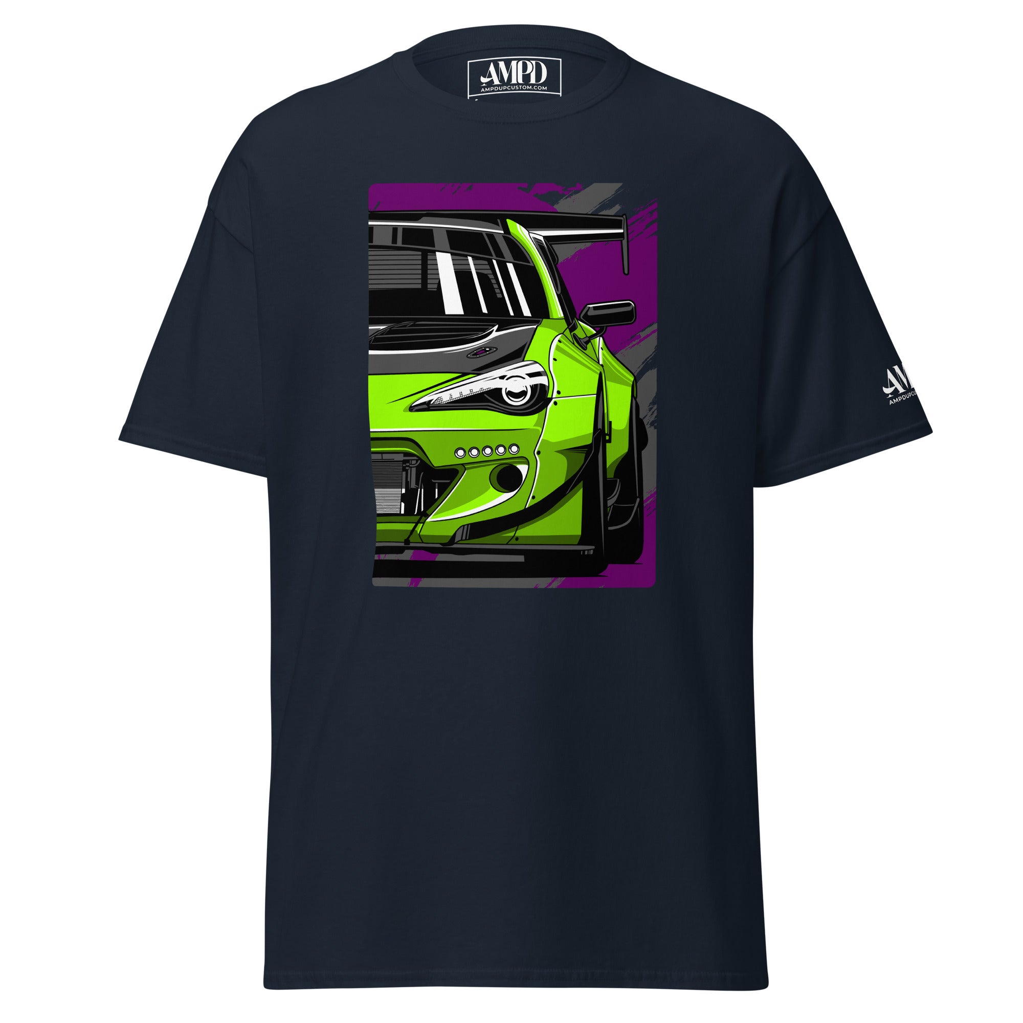 Subaru BRZ Graphic T-Shirt | AMPD featuring a vibrant green sports car design on a navy background
