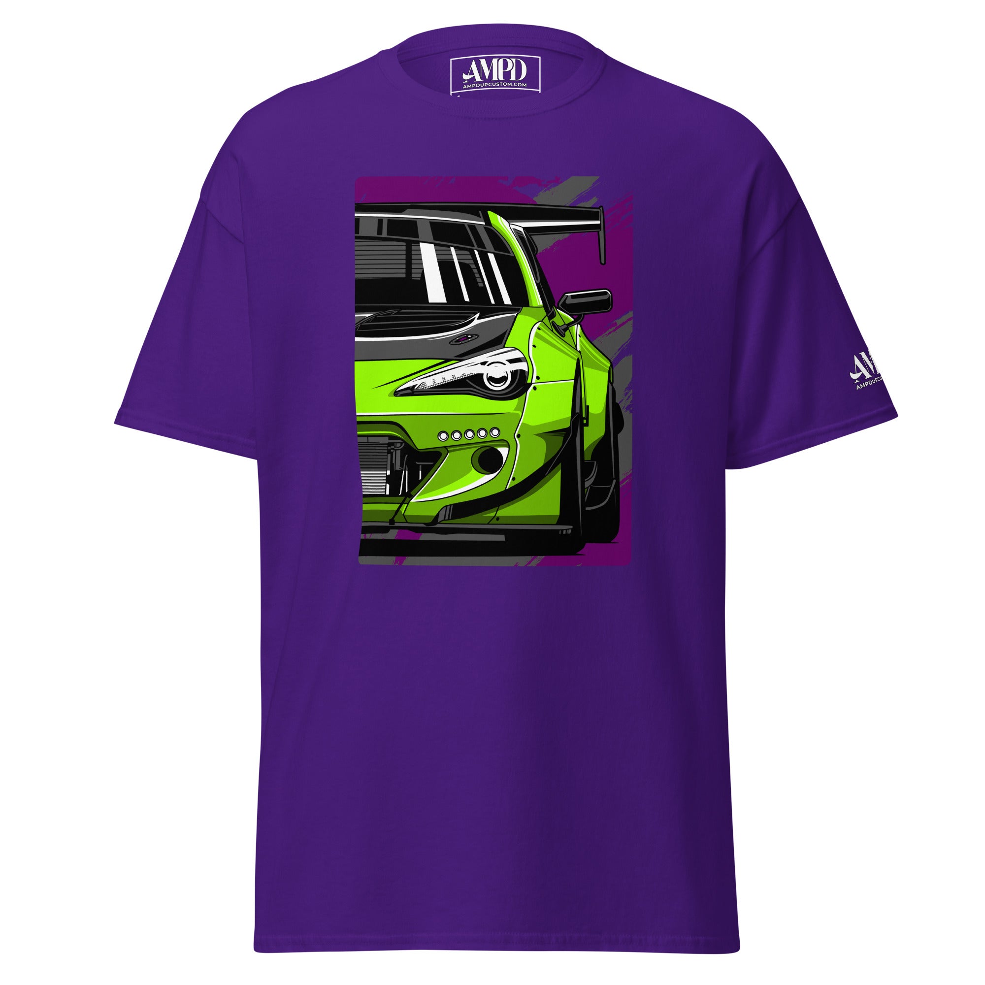 Subaru BRZ Graphic T-Shirt | AMPD featuring a vibrant green car design on a purple background
