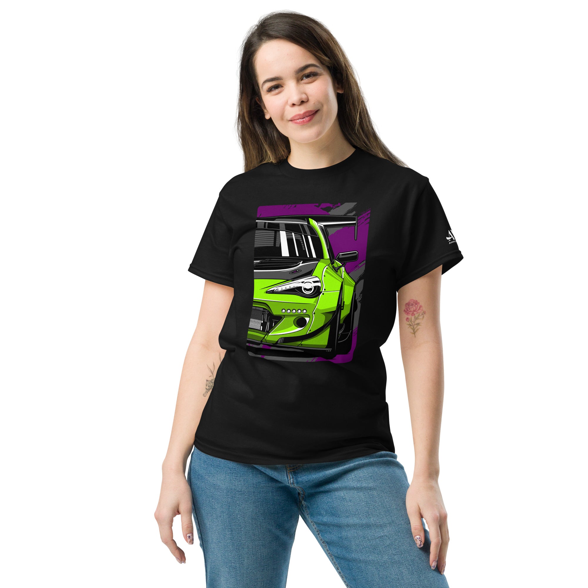 Subaru BRZ Graphic T-Shirt | AMPD featuring a vibrant green car design on a black shirt