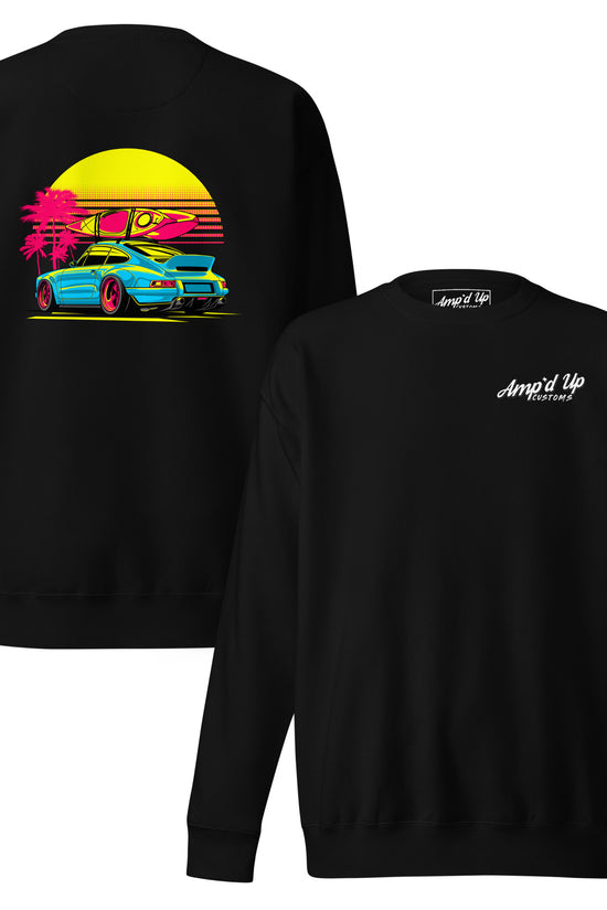 Amp'd Up Custom Sunset Porsche Sweatshirt with vibrant back illustration of a sports car and sunset