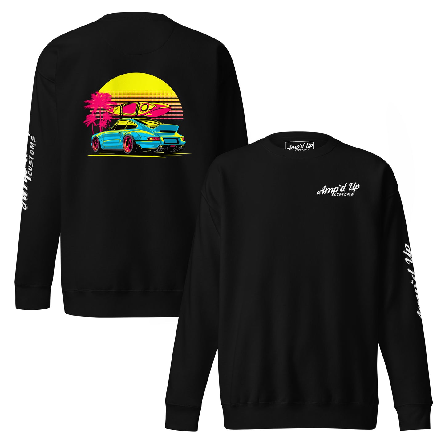Amp'd Up Custom Sunset Porsche Sweatshirt with vibrant back illustration of a sports car and sunset