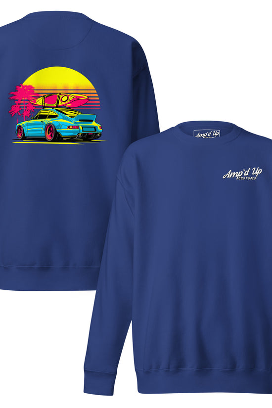 Amp'd Up Custom Sunset Porsche Sweatshirt with vibrant back illustration of a Porsche and sunset