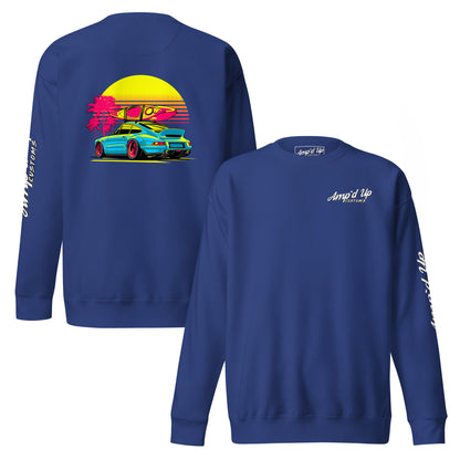 Amp'd Up Custom Sunset Porsche Sweatshirt with vibrant back illustration of a Porsche and sunset