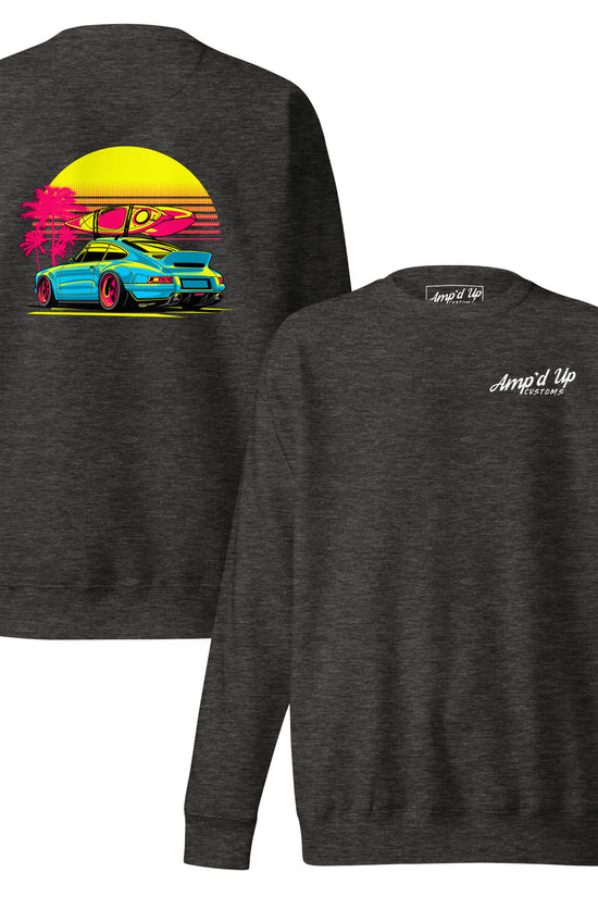 Sunset Porsche Sweatshirt with vibrant back illustration featuring a colorful car and palm trees