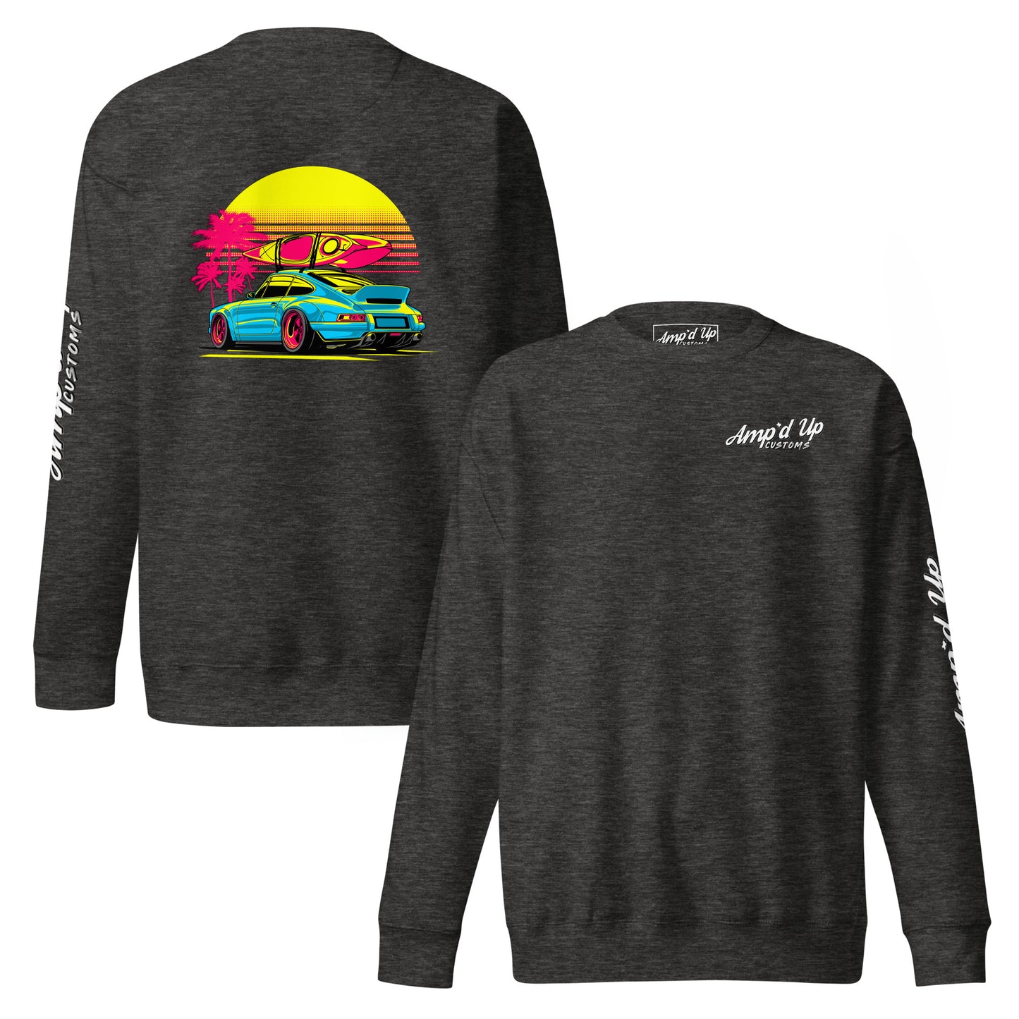 Sunset Porsche Sweatshirt with vibrant back illustration featuring a colorful car and palm trees
