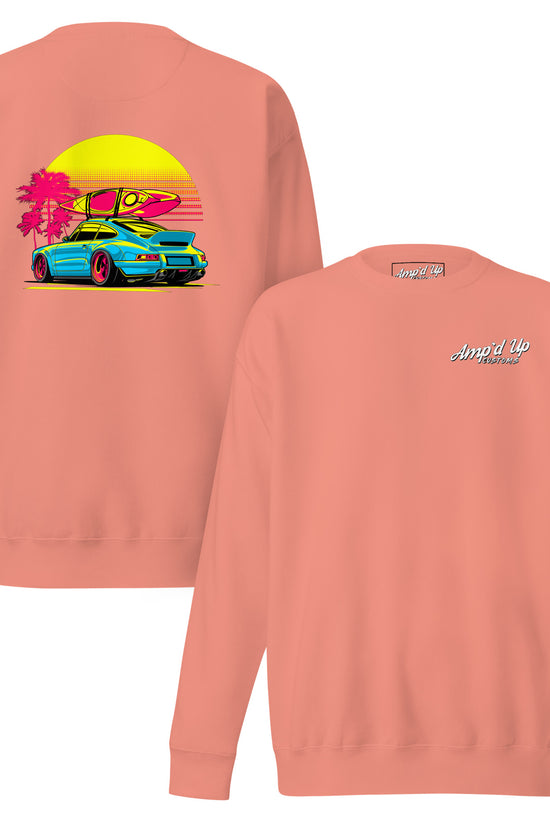 Amp'd Up Custom Sunset Porsche Sweatshirt with vibrant back illustration featuring a Porsche against a sunset