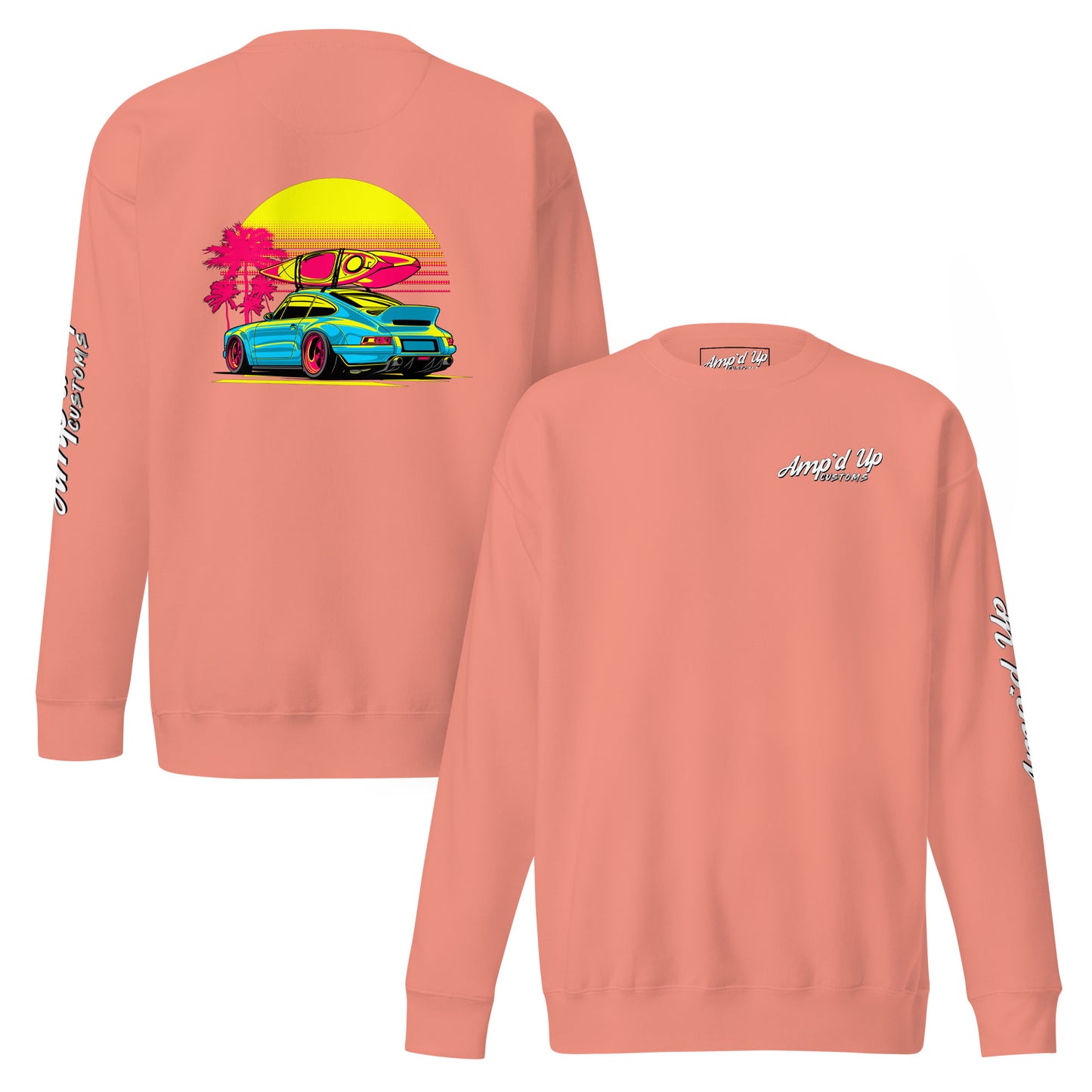 Amp'd Up Custom Sunset Porsche Sweatshirt with vibrant back illustration featuring a Porsche against a sunset
