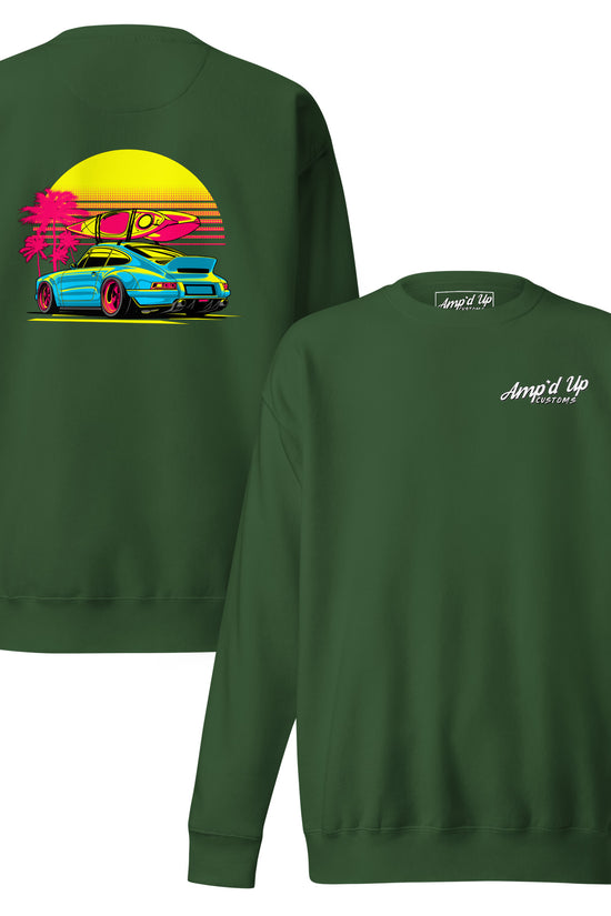 Sunset Porsche Sweatshirt with vibrant back illustration featuring a car and palm trees