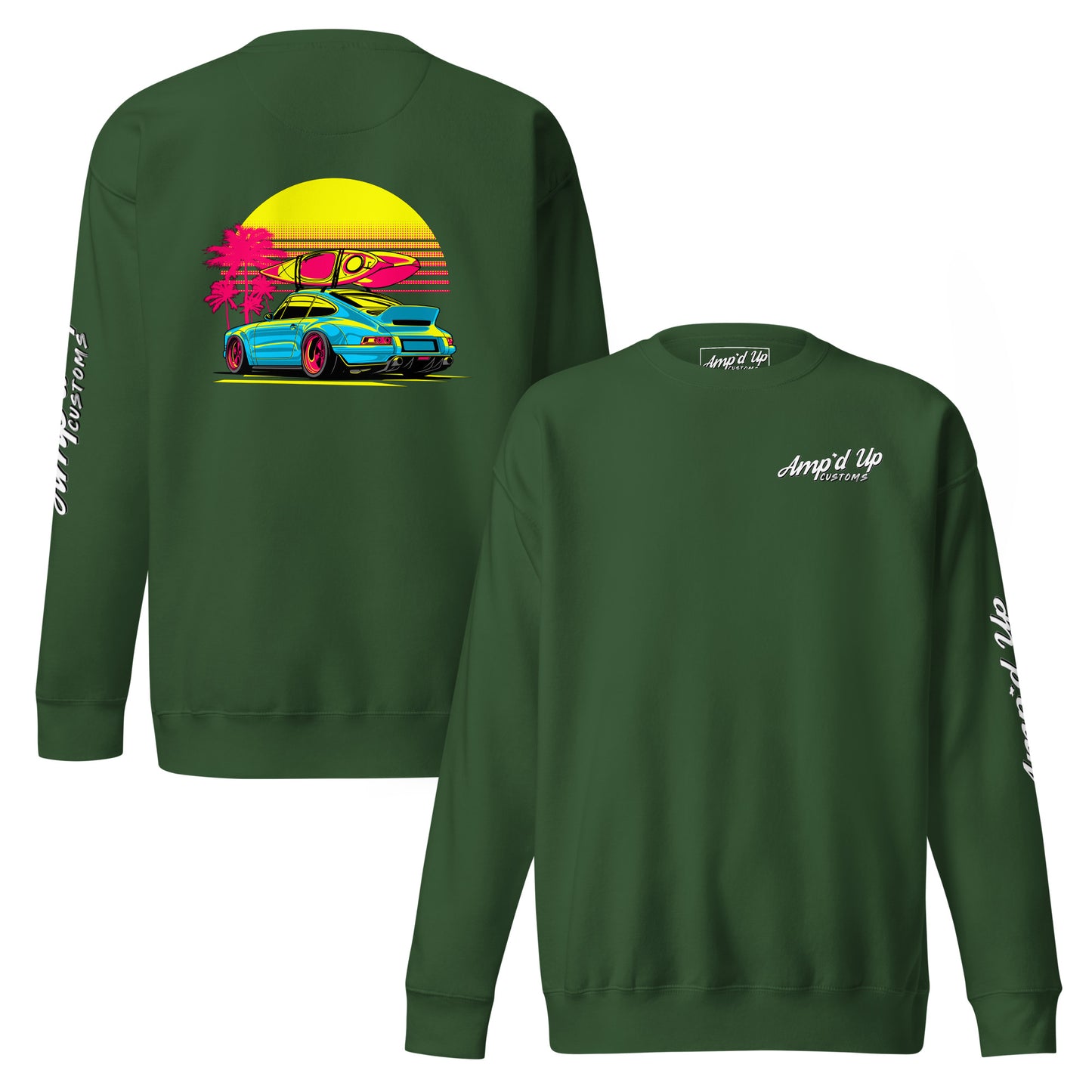 Sunset Porsche Sweatshirt with vibrant back illustration featuring a car and palm trees